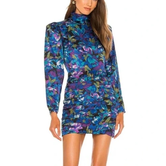 Ronny Kobo- NWT Blue and Purple Puff Longsleeve Floral Annika Mini Dress - Picture 1 of 6